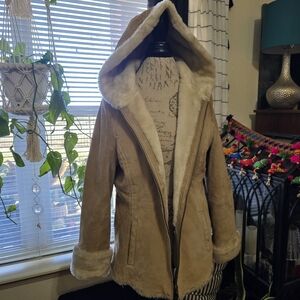 Sonoma Women's Cream Teddy Suade Leather Jacket with Hood Penny Lane